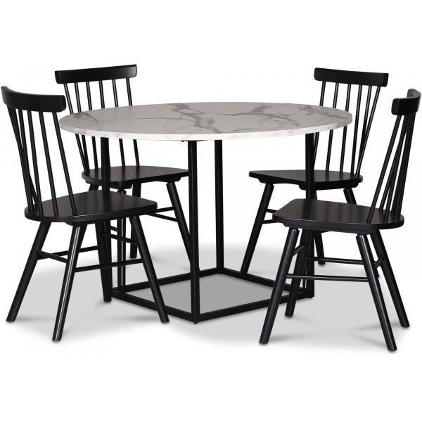 Sintorp Essgruppe, Esstisch rund Ø115 cm inkl. 4 Orust Freischwinger schwarz - Weißer Marmor (Laminat) + 4.00 x Serviettenringe
