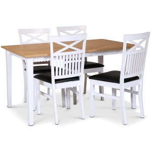 Lebensmittelgruppe Fårö; Esstisch 140x90 cm - Weiße / geölte Eiche mit 4 Fårö Esszimmerstühlen mit schwarzem PU-Sitz Lebensmittelgruppe Fårö; Esstisch 140x90 cm - Weiße / geölte Eiche mit 4 Fårö Esszimmerstühlen mit schwarzem PU-Sitz