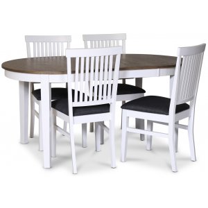Lebensmittelgruppe Skagen; Esstisch 160/210x90 cm - Weiß/braun geölte Eiche mit 4 Fårö Stühlen mit grauen Stoffsitzen Lebensmittelgruppe Skagen; Esstisch 160/210x90 cm - Weiß/braun geölte Eiche mit 4 Fårö Stühlen mit grauen Stoffsitzen