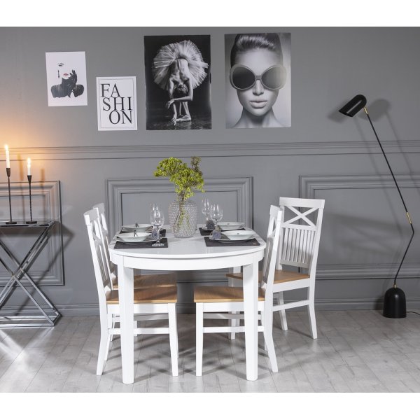 Gåsö Essgruppe: Tisch 160/210 cm inklusive 4 Fårö Stühle mit Kreuz - Eiche/weiß