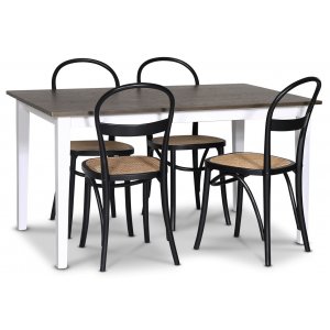 Lebensmittelgruppe Skagen; Esstisch 140 cm - Eiche weiß / braun gebeizt mit 4 Danderyd No.16 Esszimmerstühlen Schwarz Lebensmittelgruppe Skagen; Esstisch 140 cm - Eiche weiß / braun gebeizt mit 4 Danderyd No.16 Esszimmerstühlen Schwarz