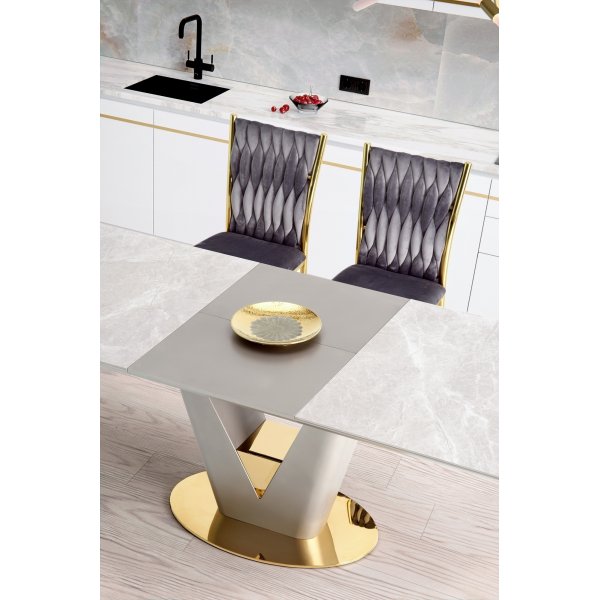 Valentino Esstisch 160-220 x 90 cm - Grauer Marmor/Hellgrau/Gold