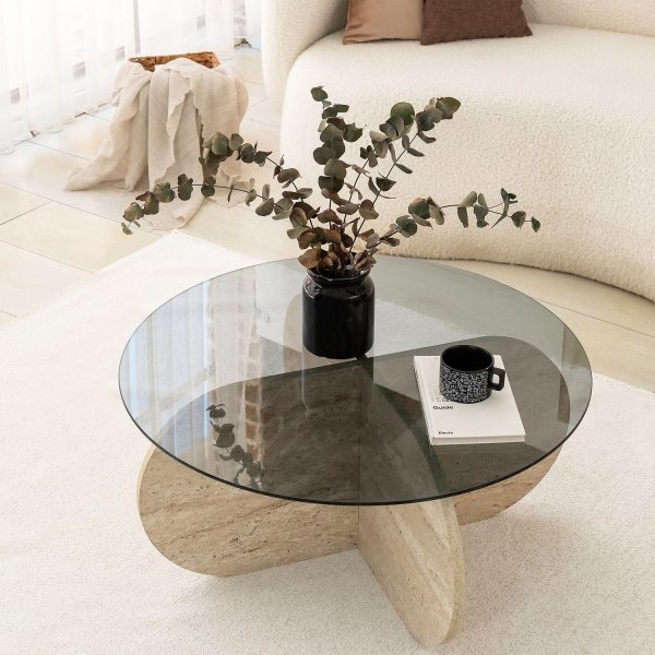Bubble Couchtisch Ø75 cm - Travertin/rauchfarbenes Glas
