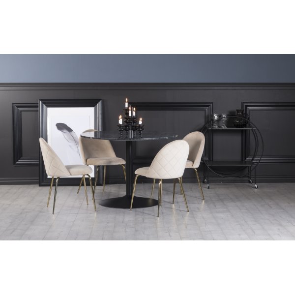 Plaza Essgruppe, Marmortisch mit 4 Plaza Samtstühlen - Beige/Grau/Schwarz