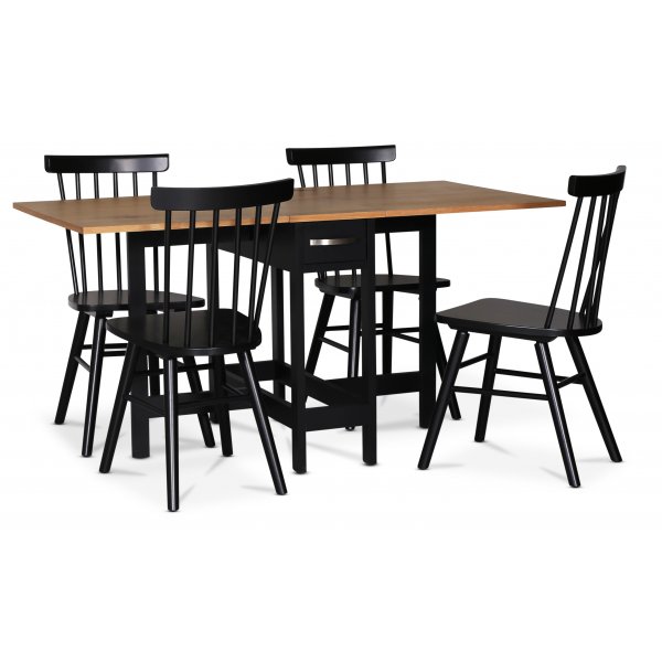 Lebensmittelgruppe Fårö; Fårö Klapptisch Schwarz / Eiche mit 4 schwarzen Orust-Stegstühlen