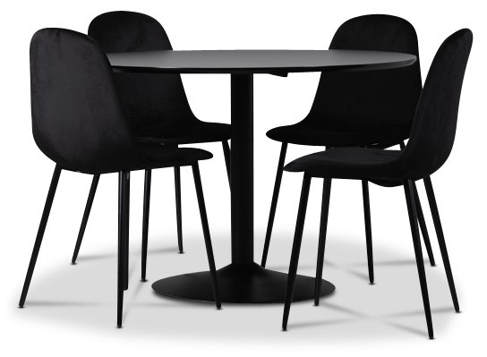 Seat Essgruppe, Esstisch mit 4 Carisma Samtstühlen - schwarz/schwarz + 3.00 x Möbelfüße
