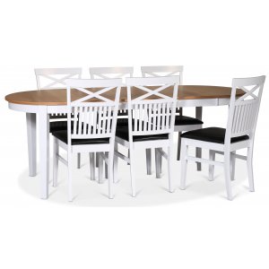 Lebensmittelgruppe Fårö; Esstisch 160/210x90 cm - Eiche weiß / geölt mit 6 Fårö-Stühlen mit Rückenkreuz, Sitzfläche aus schwarze Lebensmittelgruppe Fårö; Esstisch 160/210x90 cm - Eiche weiß / geölt mit 6 Fårö-Stühlen mit Rückenkreuz, Sitzfläche aus schwarze