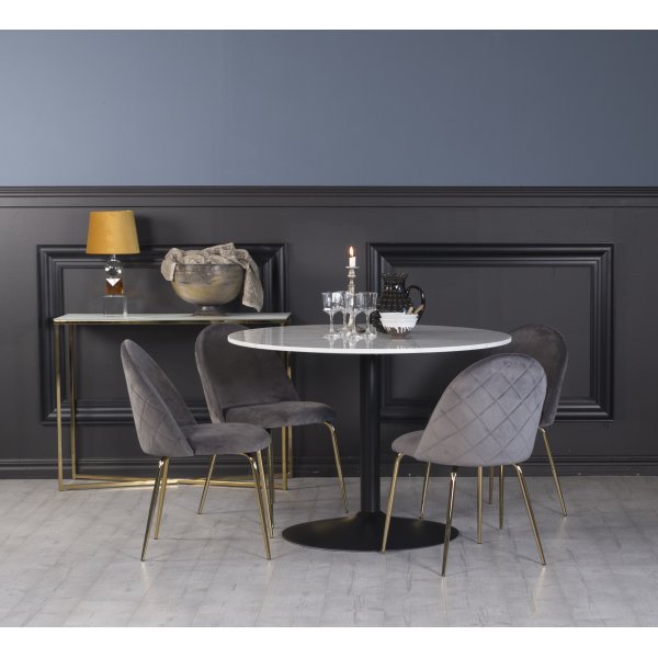Plaza Esstischset, Marmortisch mit 4 Plaza Samtstühlen - Grau/Braun/Schwarz + 2.00 x Möbelfüße
