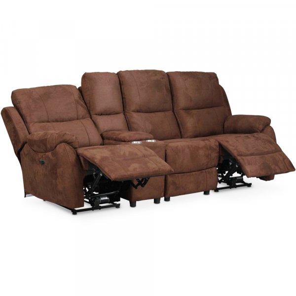 Relaxsofa mit Getränkehalter - 3-Sitzer (elektrisch) in braunem Mikrofaserstoff