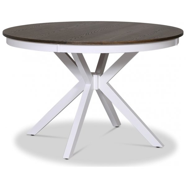 Lebensmittelgruppe Skagen; runder Esstisch Ø120 cm - weiß/braun geölte Eiche mit 4 Fårö-Stühlen (Kreuz im Rücken) mit schwarzer