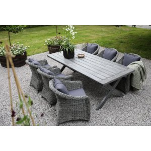 Oxford-Speisegruppe im Freien; grauer Tisch 220 cm inkl. 6 Mercury-Sessel graues synthetisches Rattan Oxford-Speisegruppe im Freien; grauer Tisch 220 cm inkl. 6 Mercury-Sessel graues synthetisches Rattan