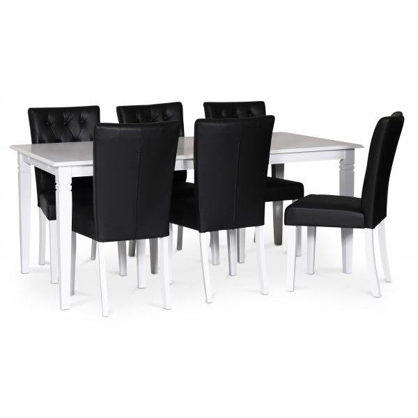 Lebensmittelgruppe Sandhamn; 180x95 cm Tisch mit 6 Crocket Esszimmerstühlen aus schwarzem PU + 6.00 x Serviettenringe