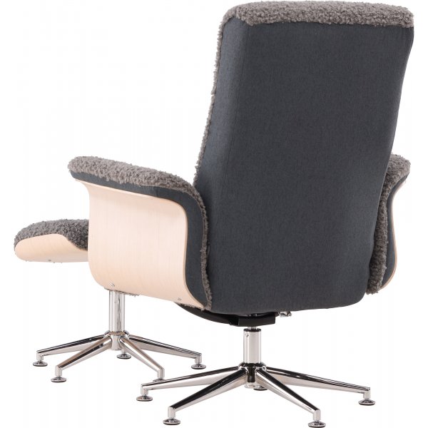 Relaxsessel mit Fußhocker - Graues Schaffellimitat/weiß getünchte Eiche