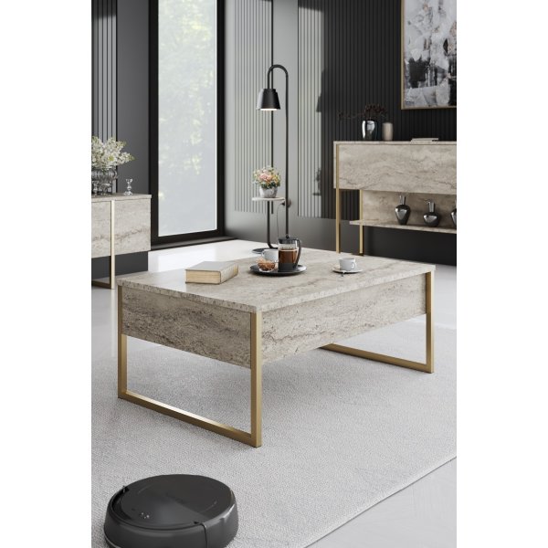 Lux Couchtisch 90 x 60 cm - Travertin/Gold