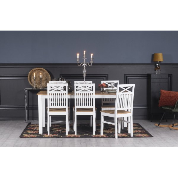 Dalarös Essgruppe 180 cm Tisch weiß/ Eiche + 6 Dalarös Kreuz Essstühle