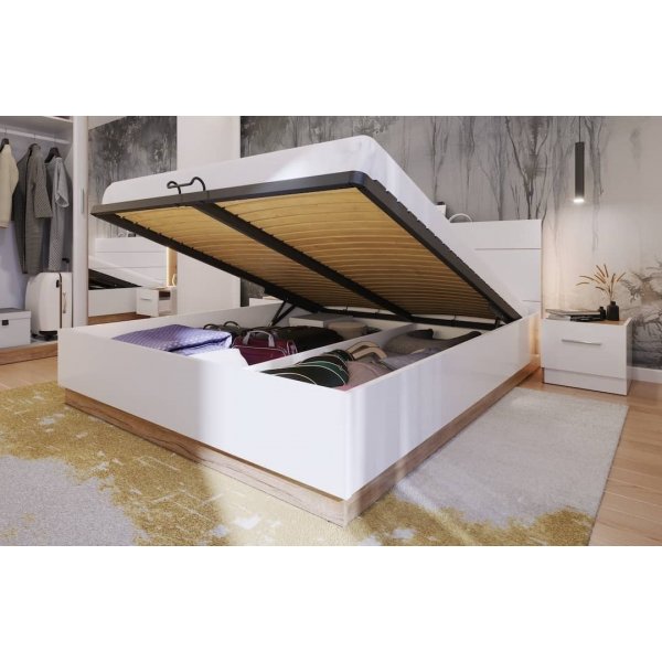 Dentro 140 x 200 cm großes Bett mit Stauraum - Weiß/Stirlingeiche