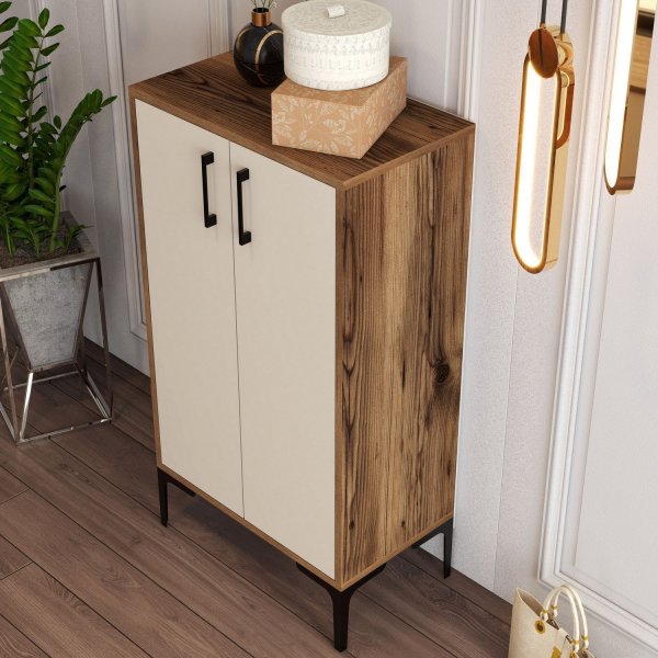 Prager Schuhschrank - Nussbaum/Creme