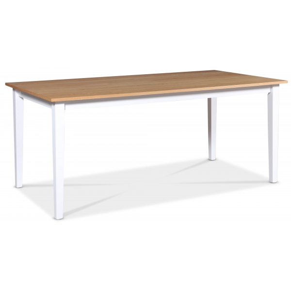 Lebensmittelgruppe Fårö; Esstisch 180x90 cm - Eiche weiß / geölt mit 6 Fårö Esszimmerstühlen mit Leisten in der Rückenlehne, Sit