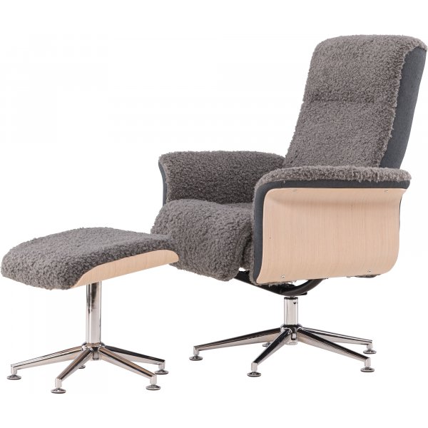 Relaxsessel mit Fußhocker - Graues Schaffellimitat/weiß getünchte Eiche