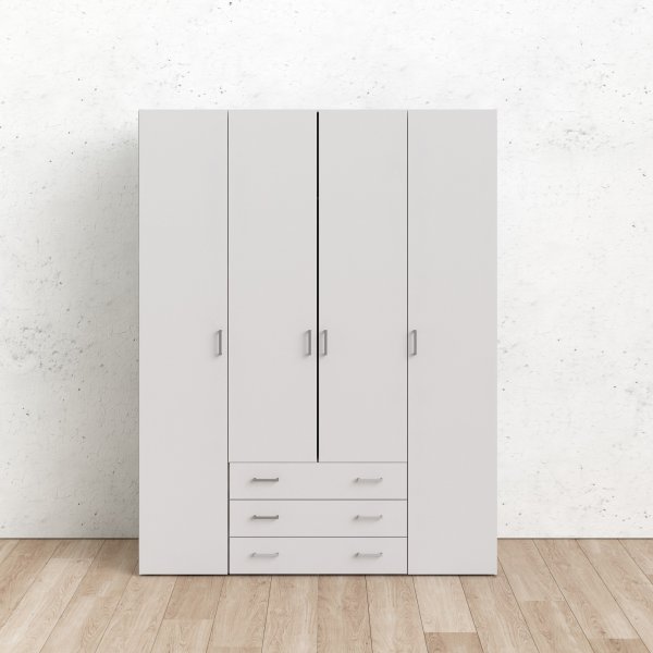 Space-Kleiderschrank mit 4 Türen und 3 Schubladen - Weiß