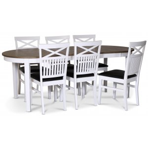 Lebensmittelgruppe Skagen; Esstisch 160/210x90 cm - Eiche weiß/braun geölt mit 6 Fårö Stühlen mit Kreuz auf der Rückenlehne und Lebensmittelgruppe Skagen; Esstisch 160/210x90 cm - Eiche weiß/braun geölt mit 6 Fårö Stühlen mit Kreuz auf der Rückenlehne und