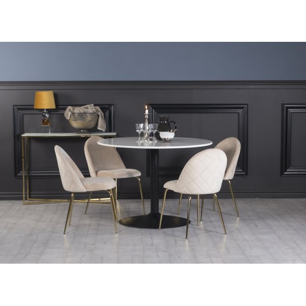 Plaza Essgruppe, Marmortisch mit 4 Plaza Samtstühlen - Beige/Brass/Schwarz