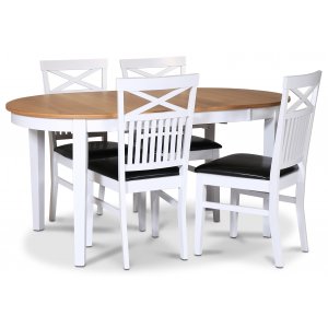 Lebensmittelgruppe Fårö; Esstisch 160/210x90 cm - Eiche weiß / geölt mit 4 Fårö Stühlen Kreuz in der Rückenlehne und Sitz in sch Lebensmittelgruppe Fårö; Esstisch 160/210x90 cm - Eiche weiß / geölt mit 4 Fårö Stühlen Kreuz in der Rückenlehne und Sitz in sch