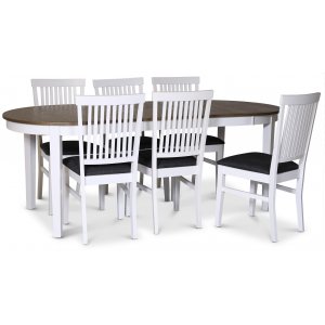 Lebensmittelgruppe Skagen; Esstisch 160/210x90 cm - weiß/braun geölte Eiche mit 6 Fårö Stühlen mit grauen Stoffsitzen Lebensmittelgruppe Skagen; Esstisch 160/210x90 cm - weiß/braun geölte Eiche mit 6 Fårö Stühlen mit grauen Stoffsitzen