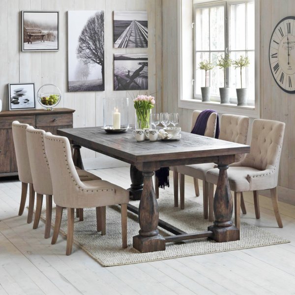 Essgruppe: Lamier Esstisch - braun + 6 x Tuva Stuhl, beige - Helle & antikbehandelte Beine + 4.00 x Möbelfüße