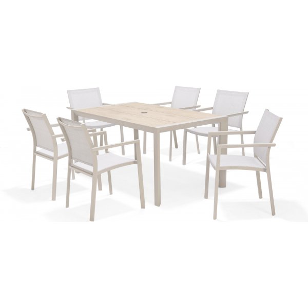 Urbanite-Essgruppe mit Esstisch 160 cm und 6 stapelbaren Esszimmerstühlen - Beige