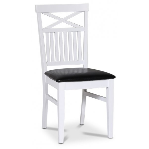Lebensmittelgruppe Skagen; runder Esstisch Ø120 cm - weiß/braun geölte Eiche mit 4 Fårö-Stühlen (Kreuz im Rücken) mit schwarzer
