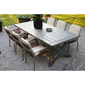 Oxford-Speisegruppe im Freien; grauer Tisch 220 cm inkl. 6 Lincoln Stapelstühle grau/beige Oxford-Speisegruppe im Freien; grauer Tisch 220 cm inkl. 6 Lincoln Stapelstühle grau/beige