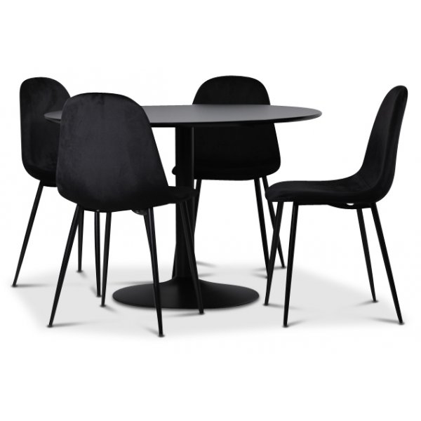 Seat Essgruppe, Esstisch mit 4 Carisma Samtstühlen - schwarz/schwarz + 3.00 x Möbelfüße