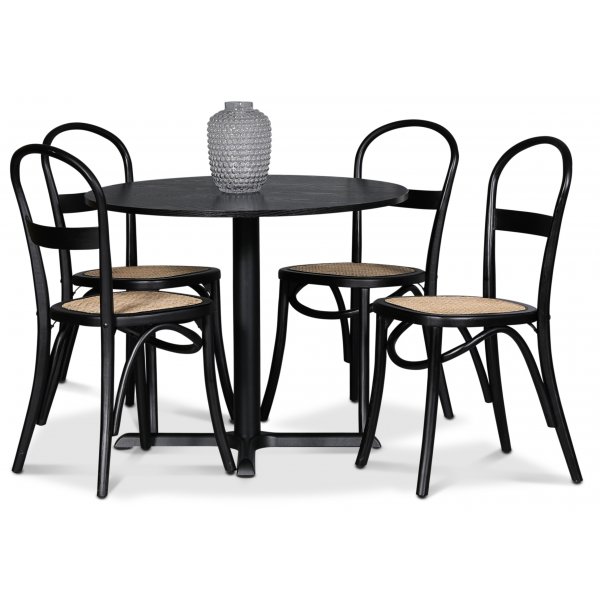Solano Essgruppe: Tisch 90 cm inklusive 4 Ax Stühle - Schwarze Esche / Rattan + 3.00 x Möbelfüße