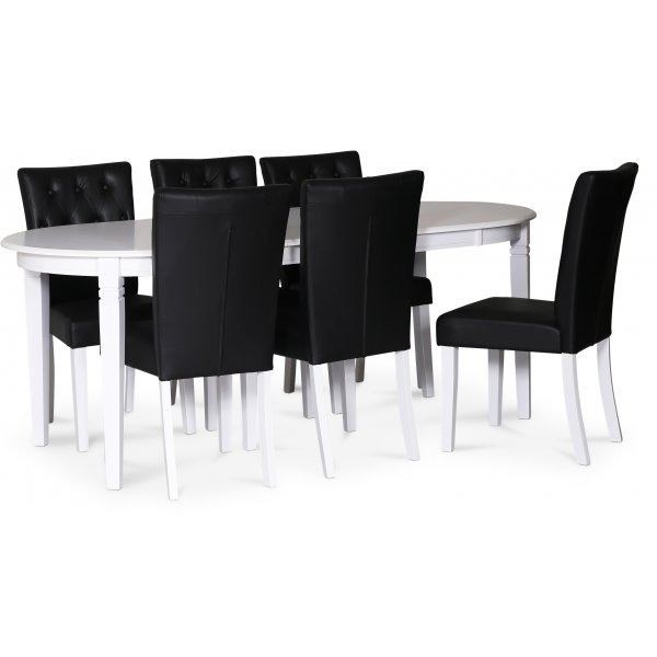 Sandhamn Food-Gruppe; Ovaler Tisch mit 6 Crocket-Stühlen aus schwarzem PU + 6.00 x Serviettenringe