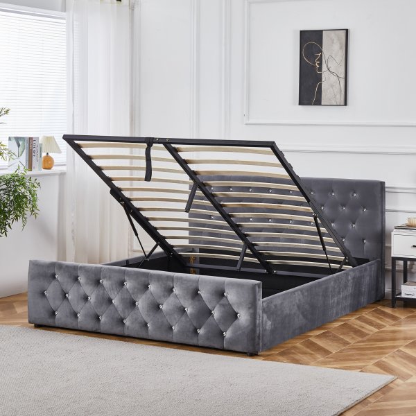 Doppelbett grauer Samt 180 x 200 cm - Dubai + Möbelfüße