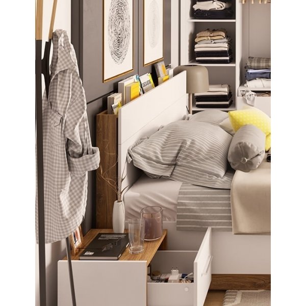 Dentro 140 x 200 cm großes Bett mit Stauraum - Weiß/Stirlingeiche