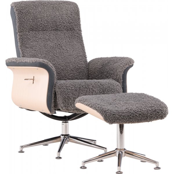 Relaxsessel mit Fußhocker - Graues Schaffellimitat/weiß getünchte Eiche