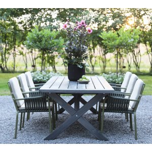 Oxford-Speisegruppe im Freien; grauer Tisch 220 cm inkl. 6 Lincoln Stapelstühle grün/beige Oxford-Speisegruppe im Freien; grauer Tisch 220 cm inkl. 6 Lincoln Stapelstühle grün/beige