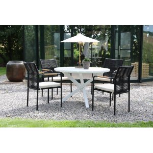Scottsdale Outdoor-Essgruppe runder Tisch mit 4 Skanör-Sesseln - Schwarz/Beige/Weiß Scottsdale Outdoor-Essgruppe runder Tisch mit 4 Skanör-Sesseln - Schwarz/Beige/Weiß