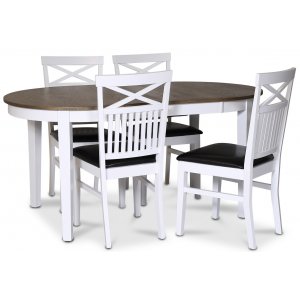 Lebensmittelgruppe Skagen; Esstisch 160/210x90 cm - Eiche weiß/braun geölt mit 4 Fårö Stühlen mit Kreuz, PU-Sitz Lebensmittelgruppe Skagen; Esstisch 160/210x90 cm - Eiche weiß/braun geölt mit 4 Fårö Stühlen mit Kreuz, PU-Sitz