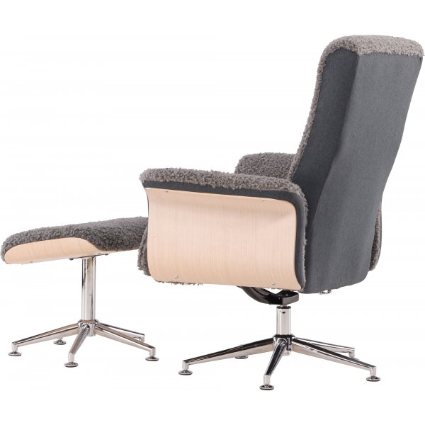Relaxsessel mit Fußhocker - Graues Schaffellimitat/weiß getünchte Eiche