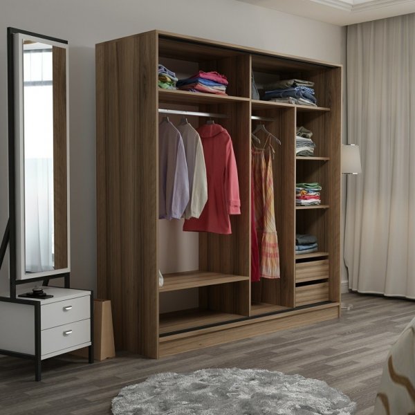 Kapusta Kleiderschrank mit Spiegeltüren, 220x52x210 cm - Braun