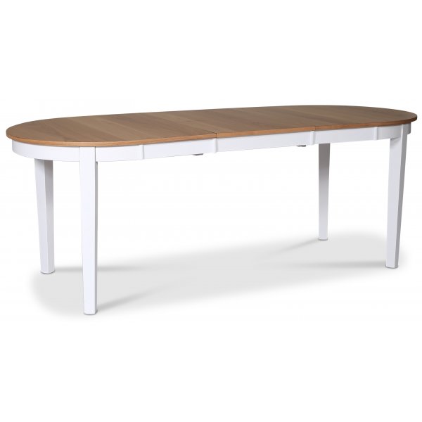 Lebensmittelgruppe Fårö; Esstisch 160/210x90 cm - Weiße / geölte Eiche mit 4 Fårö-Stühlen mit grauen Stoffsitzen