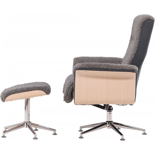 Relaxsessel mit Fußhocker - Graues Schaffellimitat/weiß getünchte Eiche
