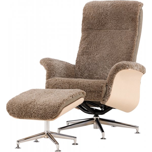 Schaffellsessel mit Fußhocker - Braun / Eiche - Ulla