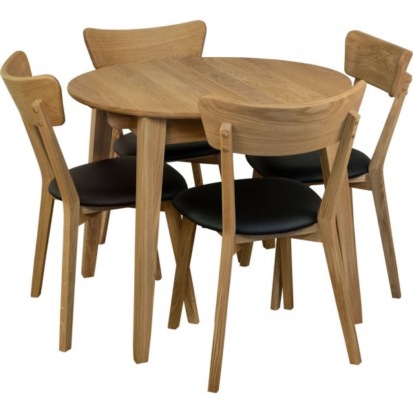 Essgruppe Genova Esstisch 90-130 cm inkl. 4 Amino Stühle - Geölte Eiche/schwarzes Kunstleder + 3.00 x Möbelfüße