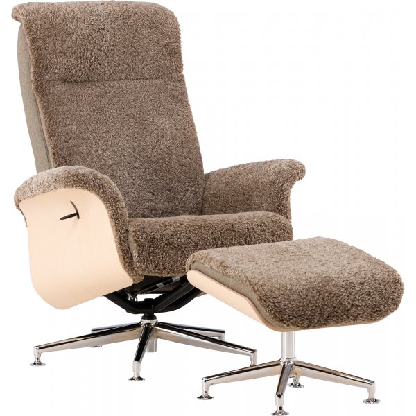 Schaffellsessel mit Fußhocker - Braun / Eiche - Ulla