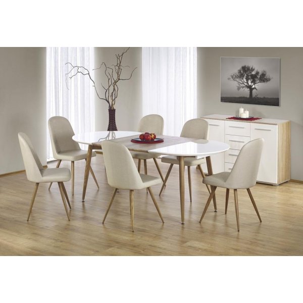 Paloma Esstisch, verstellbar 120-200 cm - Weiß Hochglanz / Eiche