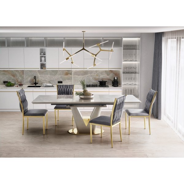 Valentino Esstisch 160-220 x 90 cm - Grauer Marmor/Hellgrau/Gold
